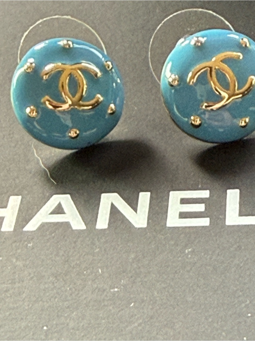 CHANEL Turquoise Enamel Gold CC Button Earrings & Chanel Keyring Charm for free - Picture 2 of 7